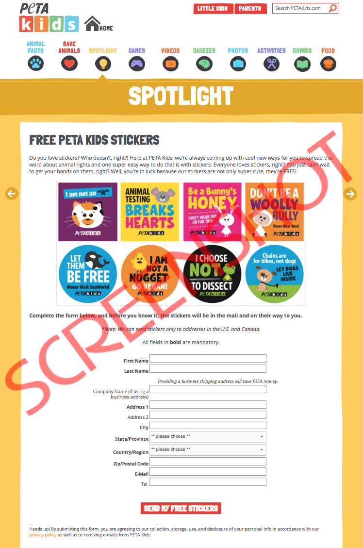 Screenshot of FREE Peta Kids Stickers Request Form
