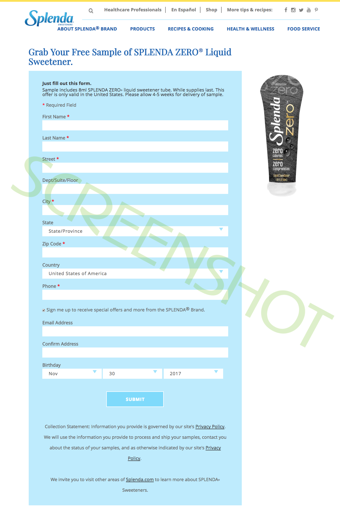 Screenshot of FREE Sample Offer Page