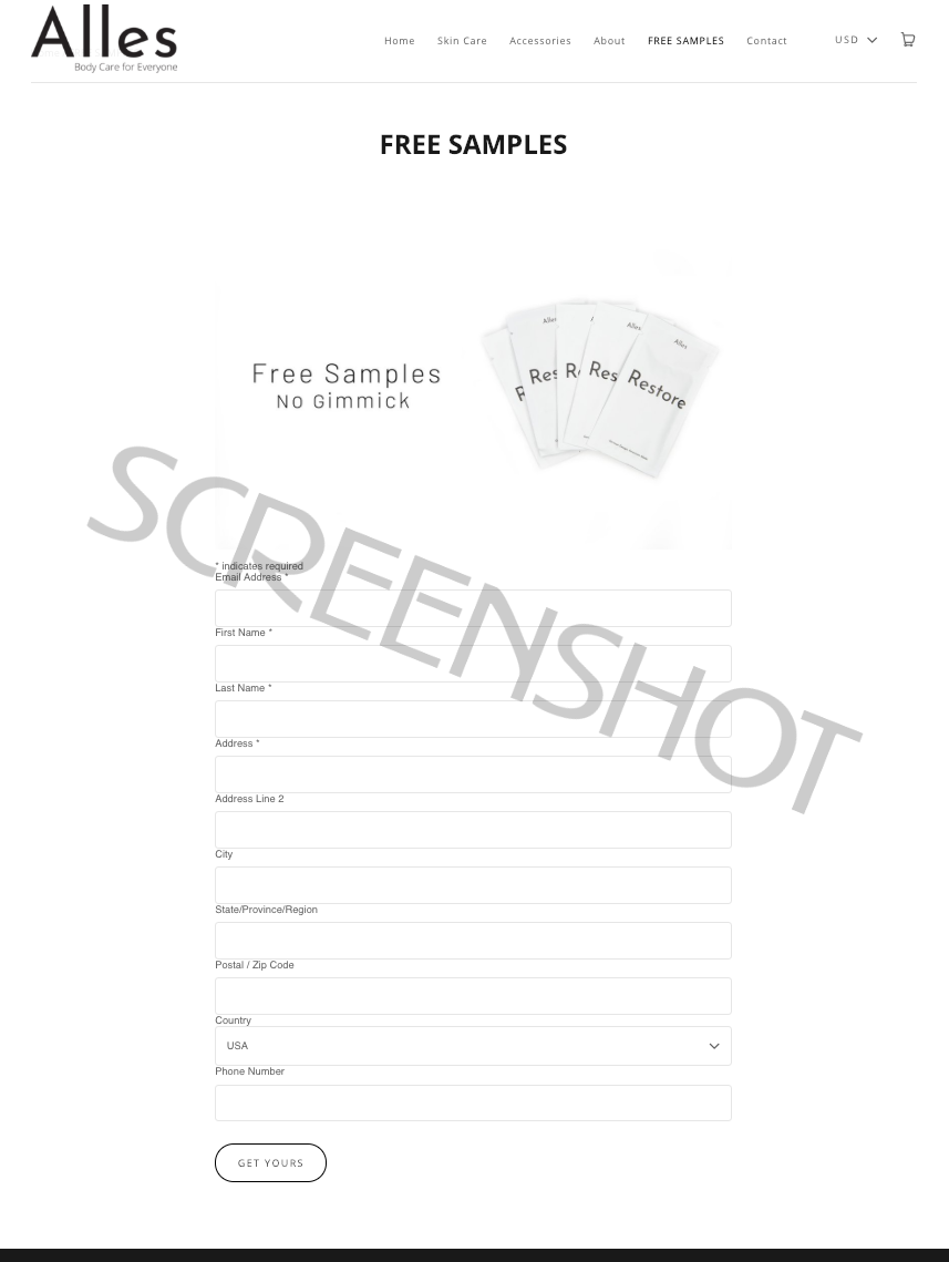 Screenshot of Free Samples Offer from Alles Skin Care