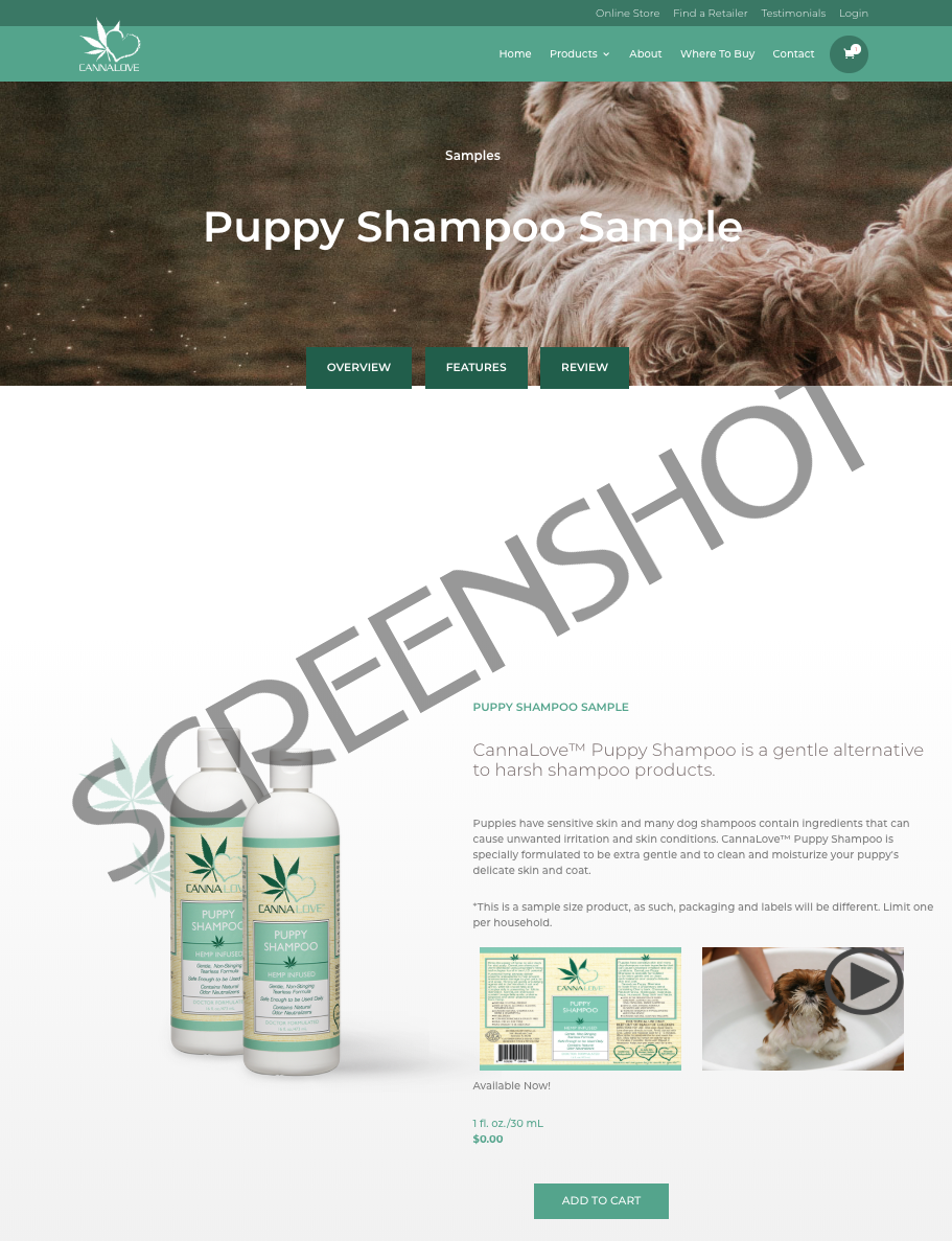 Screenshot of FREE CannaLove Puppy Shampoo Sample Offer on Pet-Fx.com