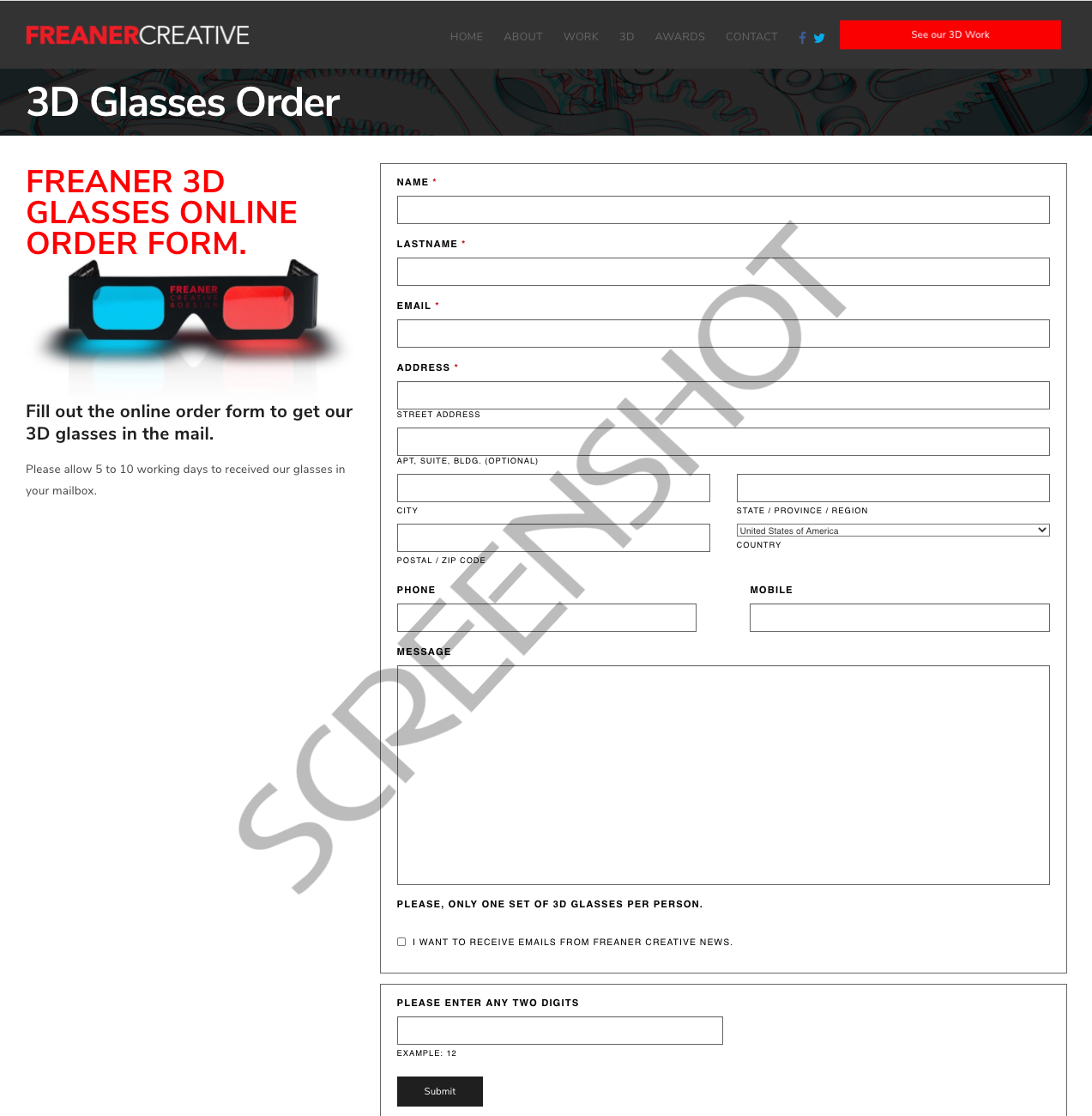 Screenshot of FREE Pair of 3D Glasses from Freaner Creative