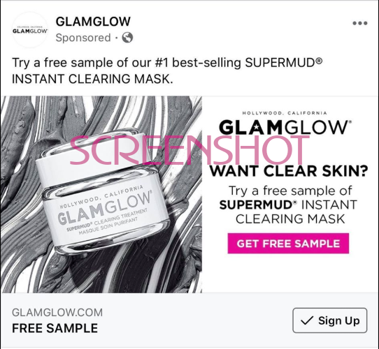 Screenshot of Sponsored Ad for Free SUPERMUD INSTANT CLEARING Mask Sample