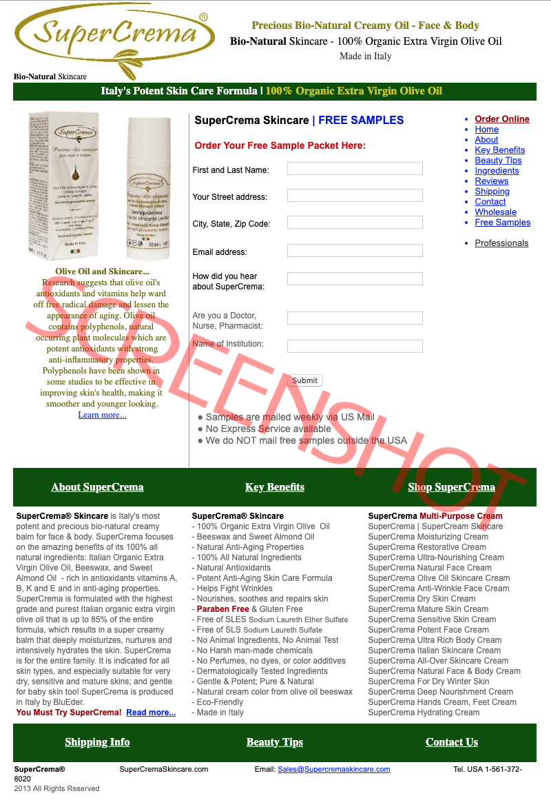FREE SuperCrema Olive Oil Skincare Samples
